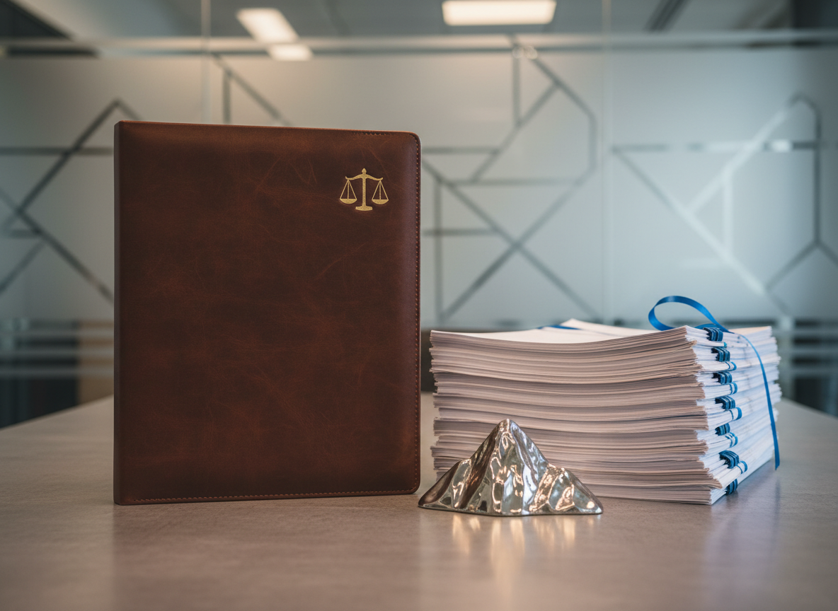 A sturdy, dark leather-bound folder embossed with a subtle golden justice scale symbol lies closed on a smooth, grey stone tabletop. Next to it, a stack of neatly clipped labor dispute case files is aligned with a stainless steel paperweight shaped like a small mountain, symbolizing a dependable backing or support. In the background, a frosted glass partition etched with abstract lines suggests negotiation and structure. Warm overhead office lighting creates soft reflections on the leather texture and metallic surfaces, emphasizing depth and detail. Photographic realism from a slightly elevated angle, sharp focus throughout, communicates stability, professionalism, and the sense of being a strong support in complex labor-management issues.