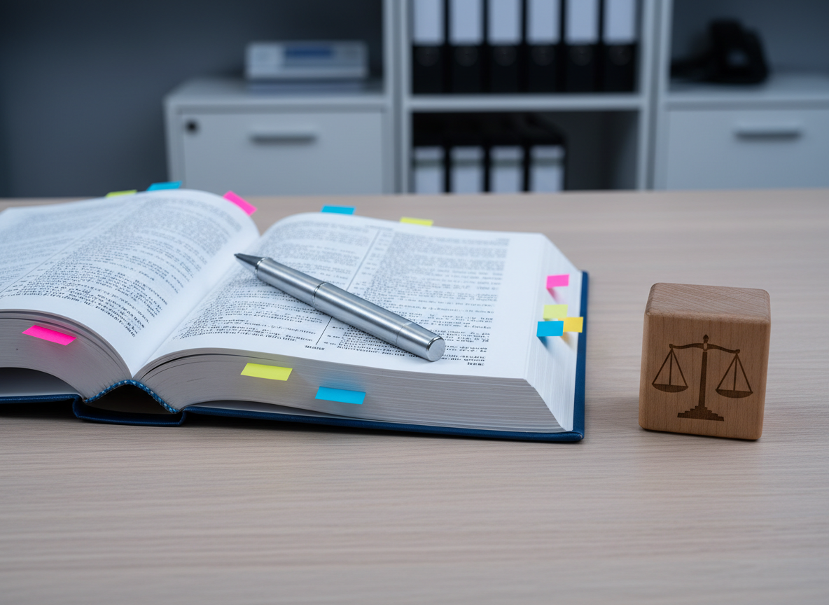 A close-up of a clean, minimalist desk with a thick, open labor law handbook, color-coded sticky notes marking important sections, and a sleek metallic pen resting across the pages. Beside the book, a small wooden block displays an engraved symbol of balanced scales, slightly worn at the edges, adding texture and authenticity. The desk surface is a light matte oak, uncluttered and orderly. Cool, even studio lighting highlights the printed text and fine paper grain without harsh reflections. The composition uses the rule of thirds, with the open handbook dominating the frame and a gentle bokeh effect softening a background of blurred filing cabinets, evoking precision, reliability, and careful analysis in a modern business setting.